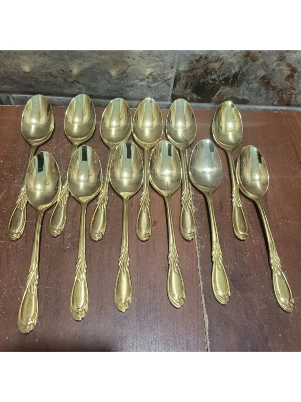 36 Piece Classic Plume Gold Electroplated Flatware Marked Stainless Steel Korea